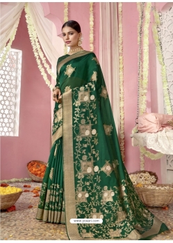Dark Green Designer Wedding Wear Organza Sari