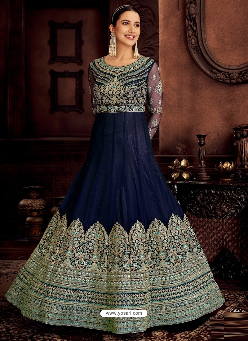 Buy Navy Blue Designer Embroidered Gown Style Anarkali Suit ...