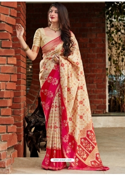 Cream Designer Wedding Wear Banarasi Soft Silk Sari