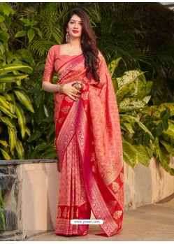 Peach Designer Wedding Wear Banarasi Soft Silk Sari