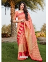 Light Red Designer Wedding Wear Banarasi Soft Silk Sari