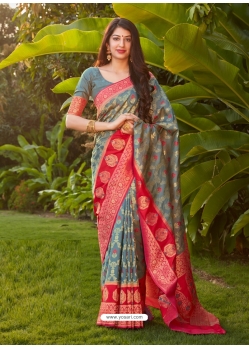 Aqua Grey Designer Wedding Wear Banarasi Soft Silk Sari