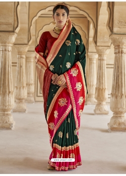Dark Green Designer Wedding Wear Banarasi Soft Silk Sari