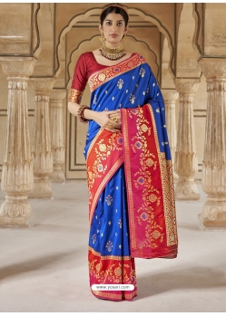 Royal Blue Designer Wedding Wear Banarasi Soft Silk Sari