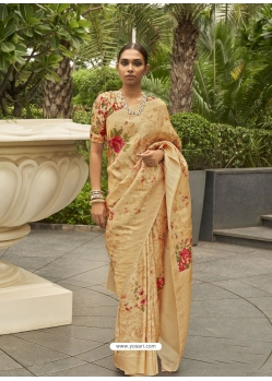 Cream Designer Wedding Wear Soft Zari Sari
