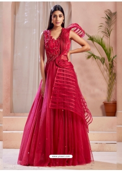 Rose Red Readymade Fancy Designer Party Wear Net Gown