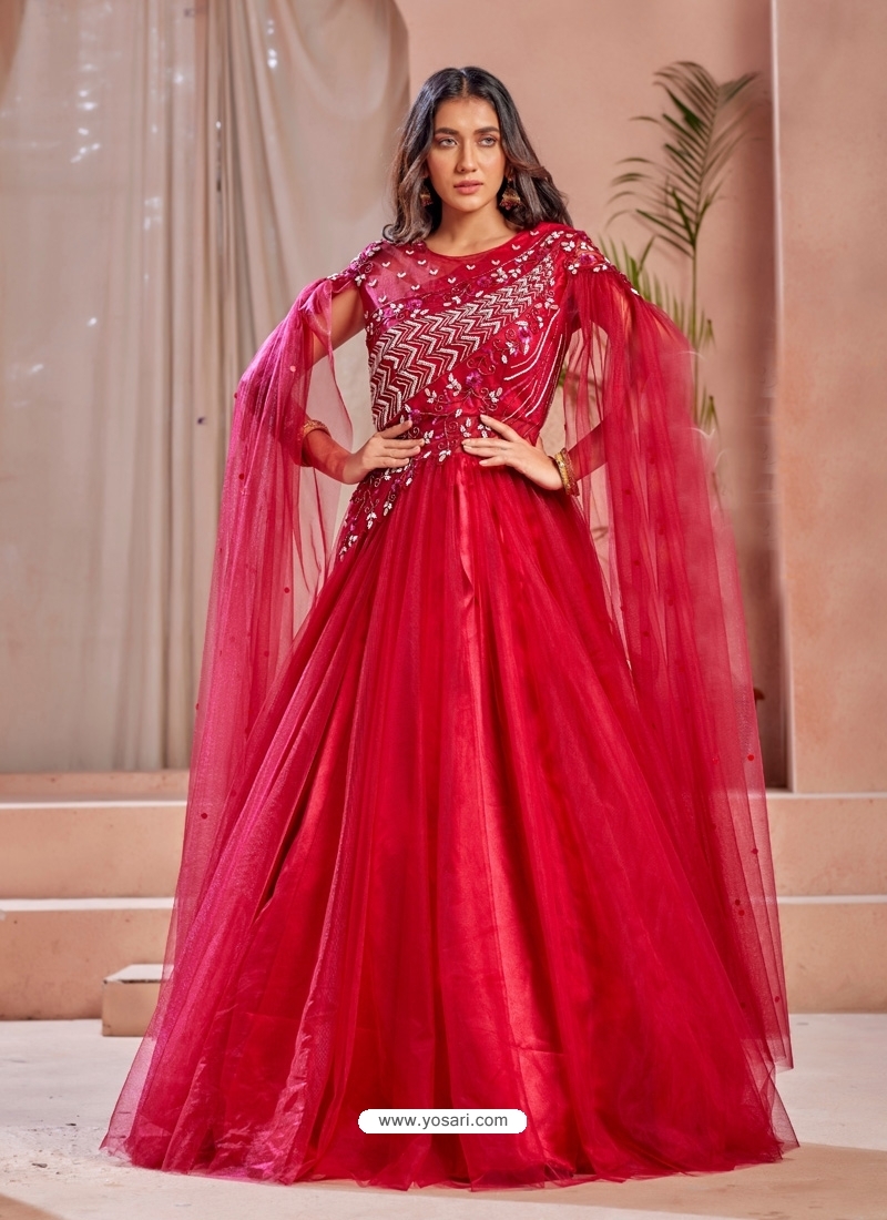 Rose Red Readymade Fancy Designer Party Wear Net Gown