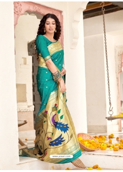 Aqua Mint Designer Wedding Wear Banarasi Soft Silk Sari