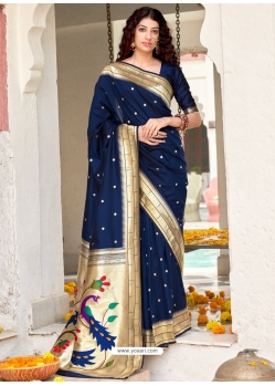 Navy Blue Designer Wedding Wear Banarasi Soft Silk Sari