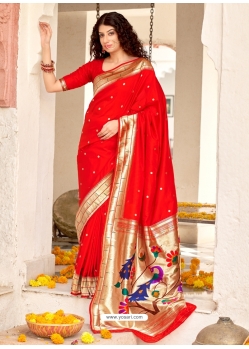 Tomato Red Designer Wedding Wear Banarasi Soft Silk Sari