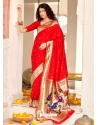 Tomato Red Designer Wedding Wear Banarasi Soft Silk Sari