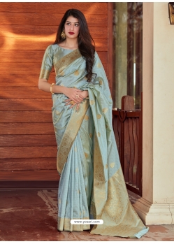 Aqua Grey Designer Party Wear Silk Sari