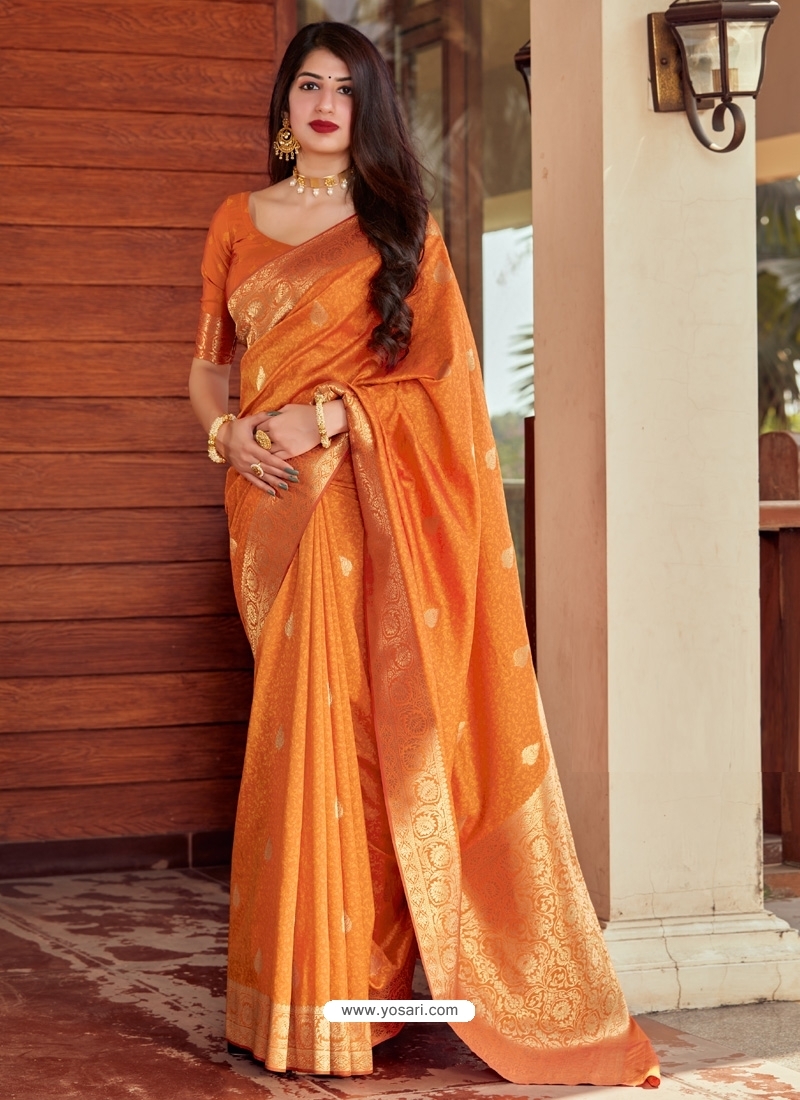 Orange Designer Party Wear Silk Sari