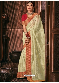 Off White Designer Wedding Wear Silk Sari