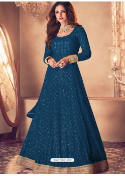 Teal Blue Designer Wedding Wear Pure Georgette Anarkali Suit