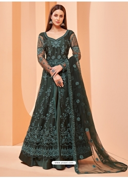 Dark Green Designer Party Wear Net Front-Cut Anarkali Suit With Lehenga
