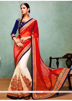 Flawless Off White And Red Net Saree