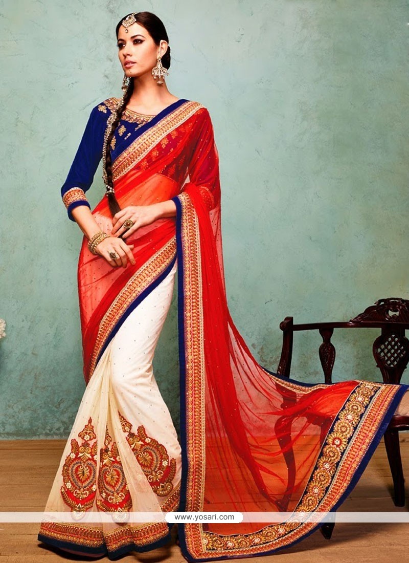 Flawless Off White And Red Net Saree