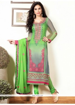 Green And Grey Shaded Pure Georgette Churidar Suit