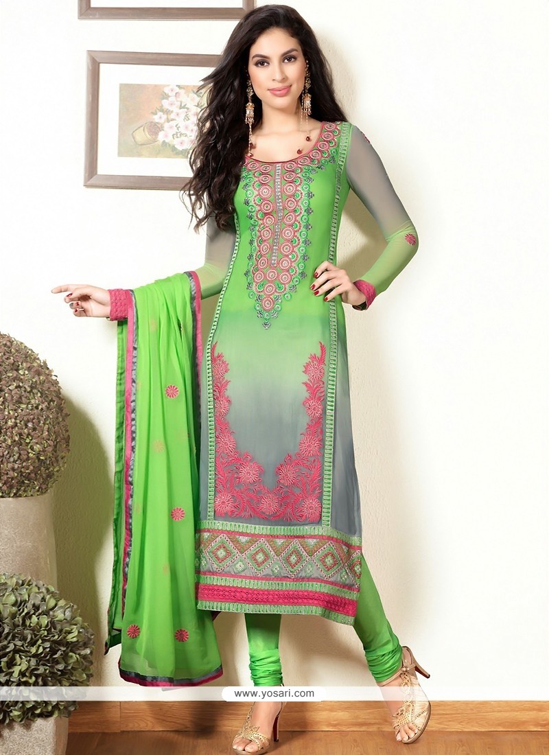 Green And Grey Shaded Pure Georgette Churidar Suit