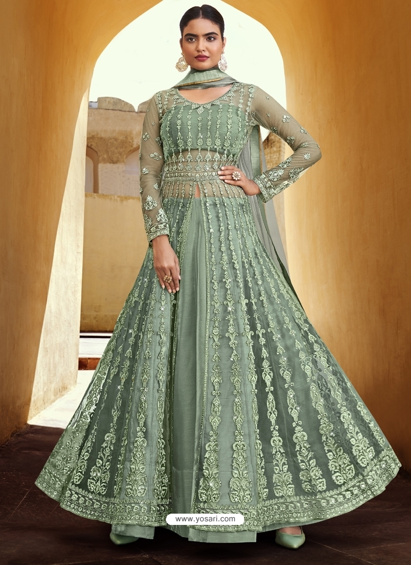 Grayish Green Designer Party Wear Net Front-Cut Anarkali Suit