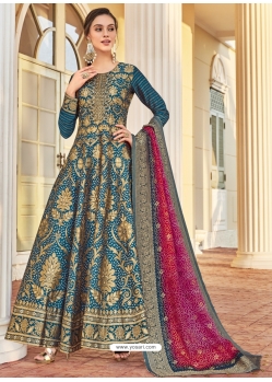 Teal Blue Readymade Designer Party Wear Jacquard Long Anarkali Gown With Dupatta