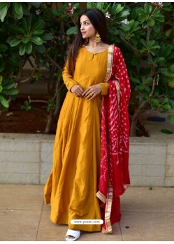 Yellow Designer Party Wear Anarkali Kurti With Dupatta