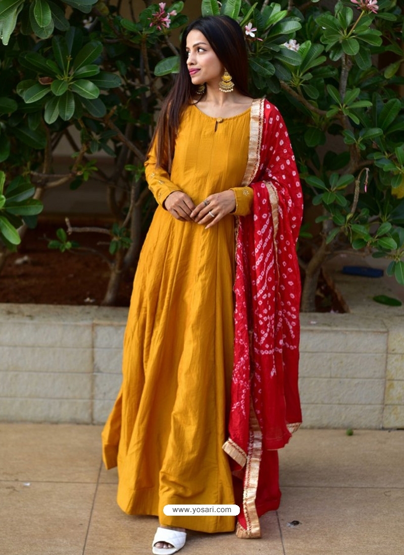 Yellow Designer Party Wear Anarkali Kurti With Dupatta