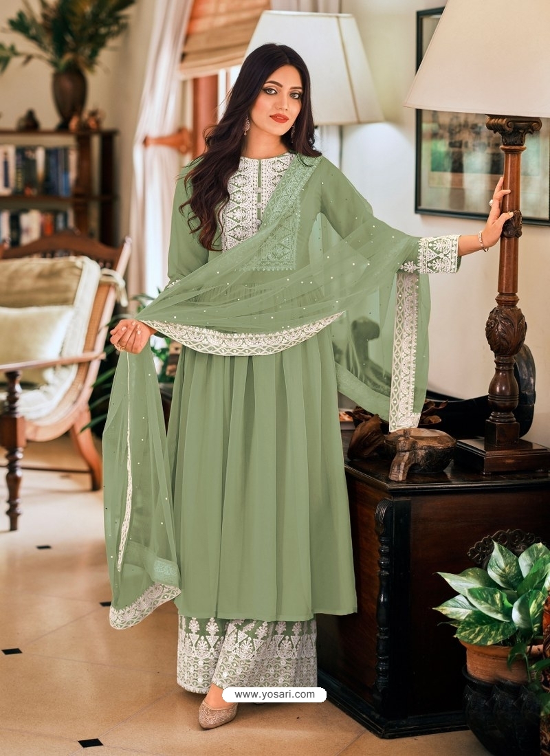 Olive Green Designer Embroidered Silk Party Wear Palazzo Suit | Saira's  Boutique