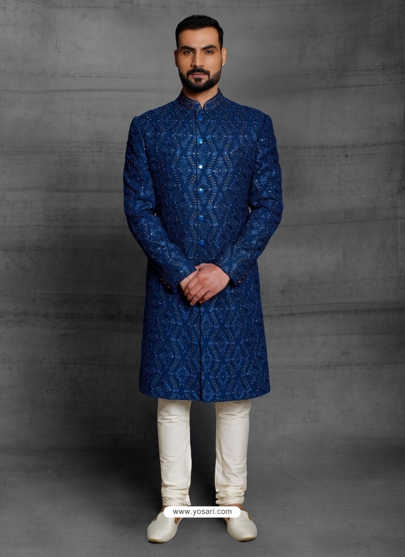 Buy Dark Blue Exclusive Readymade Designer Indowestern Sherwani ...