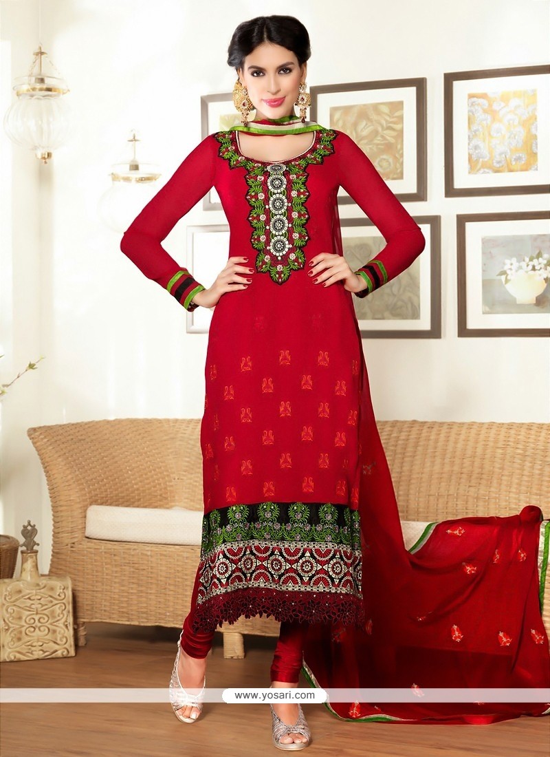 Groovy Red Pure Georgette Churidar Suit