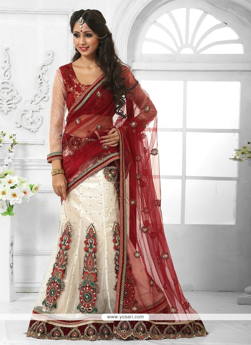 Maroon and Off White Net Embroidered Designer Lehenga Choli