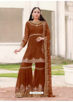 Brown Designer Festive Wear Blooming Georgette Sharara Suit