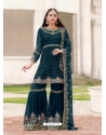 Teal Blue Designer Festive Wear Blooming Georgette Sharara Suit