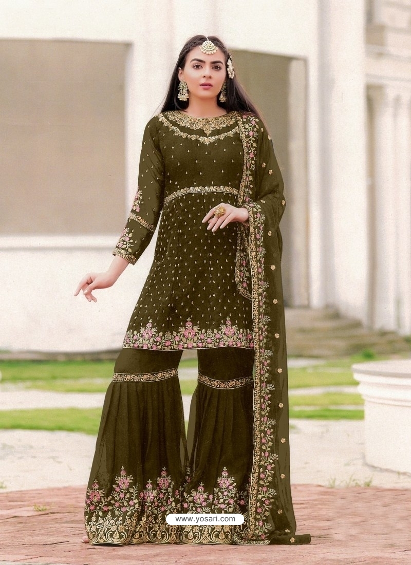 Buy Mehendi Designer Festive Wear Blooming Georgette Sharara Suit ...