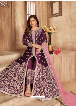 Purple Designer Party Wear Art Silk Front-Cut Anarkali Suit