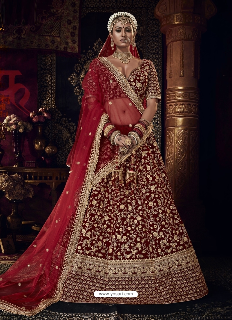 Red Embroidery Velvet Maroon Bridal Lehenga Choli at Rs 13999 in Surat