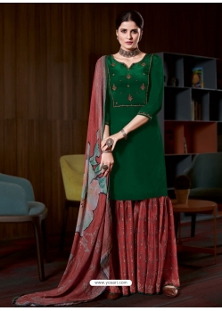 Dark Green Designer Pure Natural Crepe Palazzo Suit