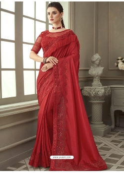 Tomato Red Designer Wedding Wear Shadow Silk Sari