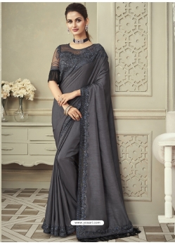Dark Grey Designer Wedding Wear Shadow Silk Sari