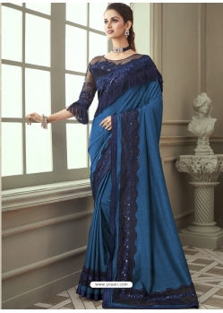 Dark Blue Designer Wedding Wear Shadow Silk Sari