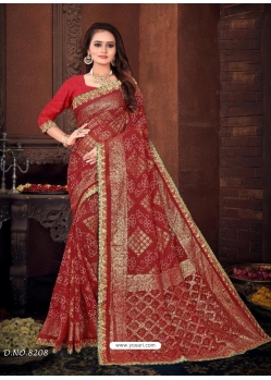 Tomato Red Designer Wedding Wear Georgette Sari