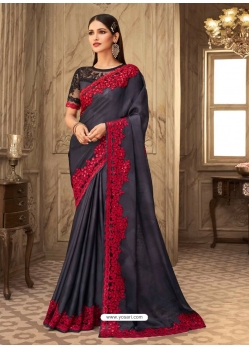 Dark Grey Designer Wedding Wear Sari