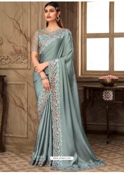Aqua Grey Designer Wedding Wear Sari
