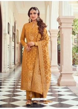 Mustard Designer Pure Viscose Dola Jacquard Palazzo Suit