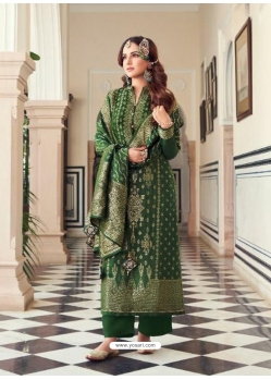 Dark Green Designer Pure Viscose Dola Jacquard Palazzo Suit