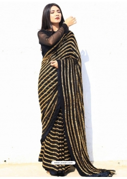 Black Designer Blooming Georgette Wedding Wear Sari