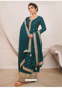Teal Blue Designer Heavy Blooming Vichitra Palazzo Suit
