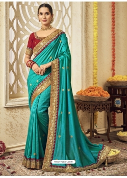 Turquoise Designer Silk Wedding Wear Sari