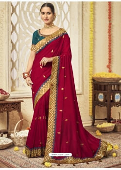 Rose Red Designer Silk Wedding Wear Sari